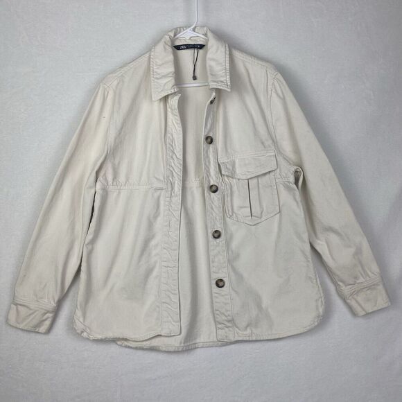 Zara Denim Shacket Shirt Womens Small White Ivory Oversized Pocket Button Up - Picture 2 of 16